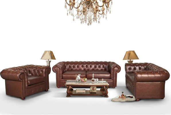 Classic brown Chesterfield leather couch cushion set 3-seater