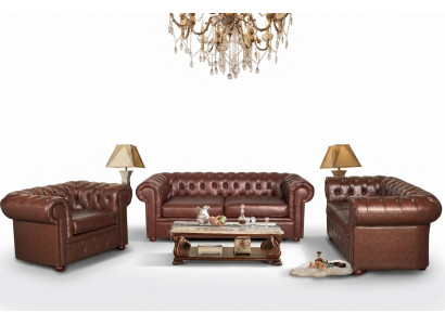 Classic brown Chesterfield leather couch cushion set 3-seater