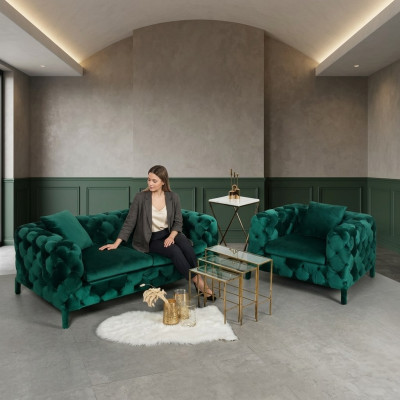 Green Chesterfield 3+1 Seating Set Fabric Sofa Upholstery Suite