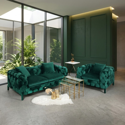 Green Chesterfield 3+1 Seating Set Fabric Sofa Upholstery Suite