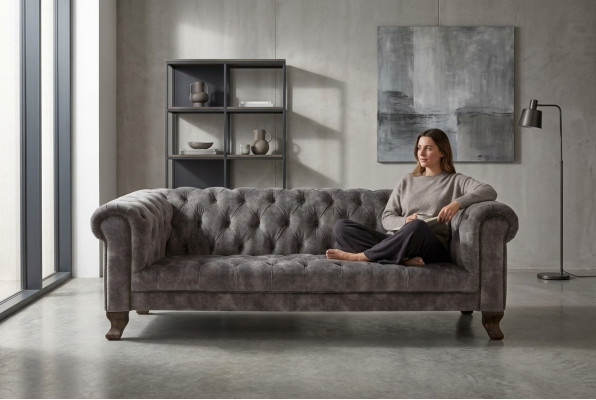 Classic Leather Couch - Gray Chesterfield Fabric Sofa 3-Seater New jvmoebel ®