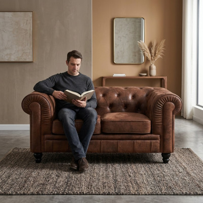 Men's Club Chesterfield Sofa Couch Leather Upholstery 2-Seater Brown NEW