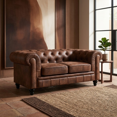 Men's Club Chesterfield Sofa Couch Leather Upholstery 2-Seater Brown NEW
