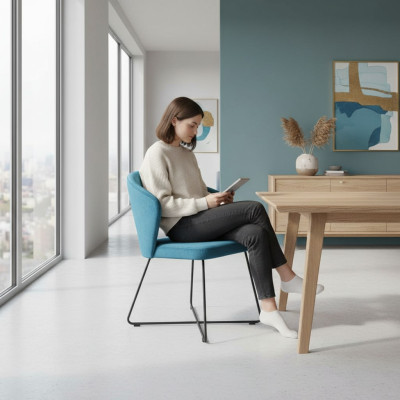 Modern armchair set of 8 chairs, green upholstery with armrests.