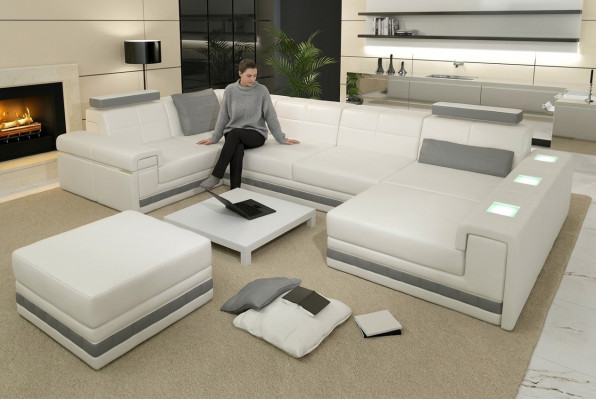 Sectional Sofa Living Room Landscape U-Shape Upholstered Couch Leather Sofa + Ottoman