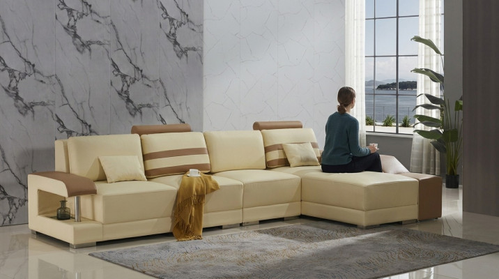 Leather sofa, L-shaped couch, living landscape, corner sofa set, design modern sofa, beige