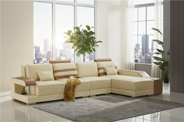 Leather sofa, L-shaped couch, living landscape, corner sofa set, design modern sofa, beige