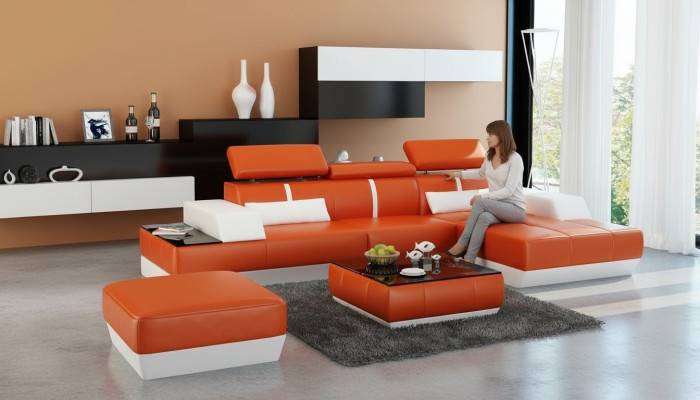 Modern sofa corner set L-shaped upholstered seating corner couch + stool