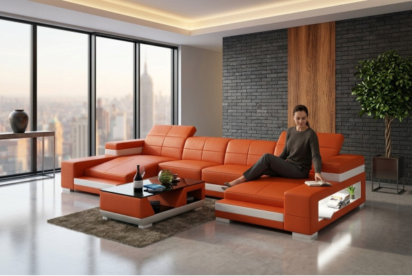 Sectional sofa, sofa, living landscape, U-shape, upholstered couch, leather sofa, orange