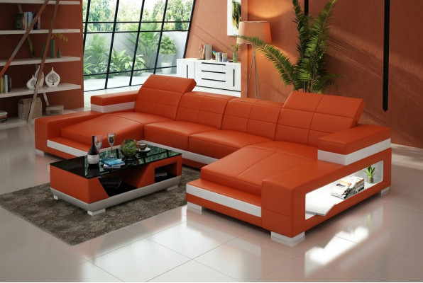 Sectional sofa, sofa, living landscape, U-shape, upholstered couch, leather sofa, orange
