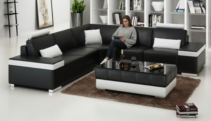 Leather sofa furniture L-shape couch living landscape corner sofa set design