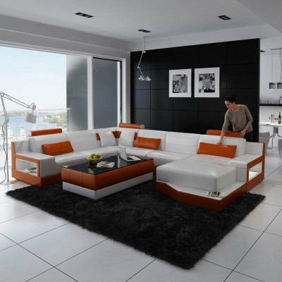 Corner sofa, sofa living landscape U-shape upholstered couch leather sofa white