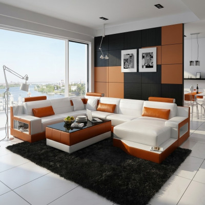 Corner sofa, sofa living landscape U-shape upholstered couch leather sofa white