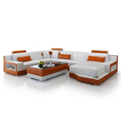 Corner sofa, sofa living landscape U-shape upholstered couch leather sofa white