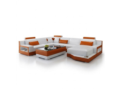 Corner sofa, sofa living landscape U-shape upholstered couch leather sofa white