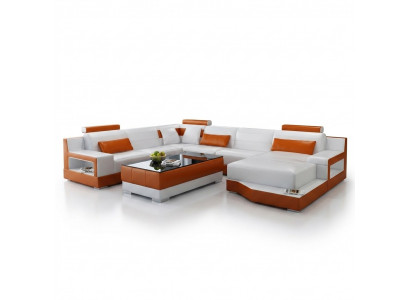 Corner sofa, sofa living landscape U-shape upholstered couch leather sofa white