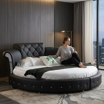 Luxury Chesterfield Bed Design Round Upholstered Classic Round Bed Leather Velvet