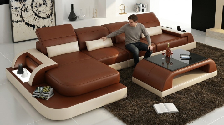 Brown L-shaped Sofa Couch Upholstery Set Living Landscape Design Corner Sofa Leather