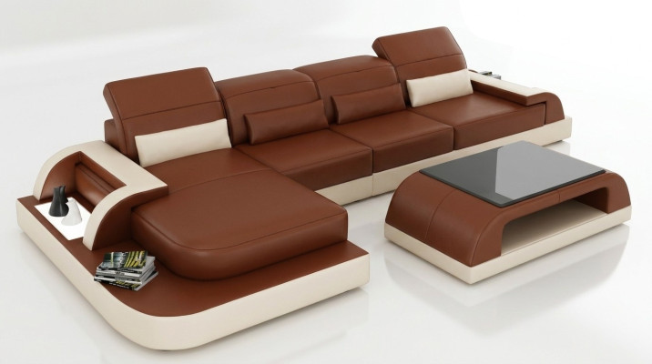 Brown L-shaped Sofa Couch Upholstery Set Living Landscape Design Corner Sofa Leather
