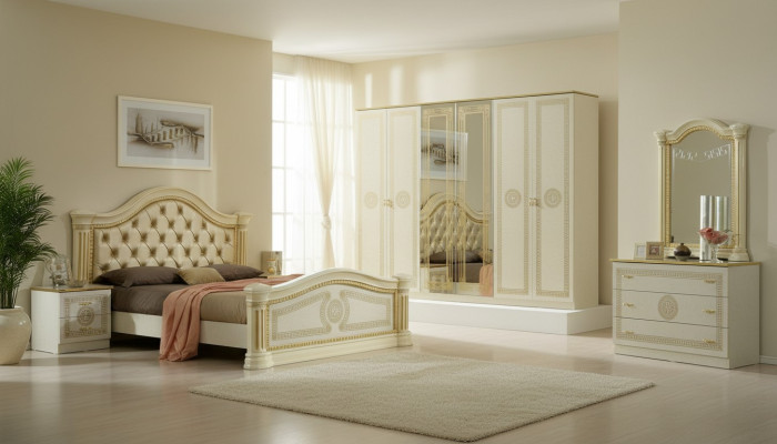 Bedroom Chesterfield Leather Bed 6-Piece Design Furniture Set with Nightstand and Dresser