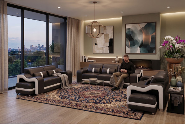 Designer Black Sofa Set 3+2+2 Seater Luxurious Leather Couch Set
