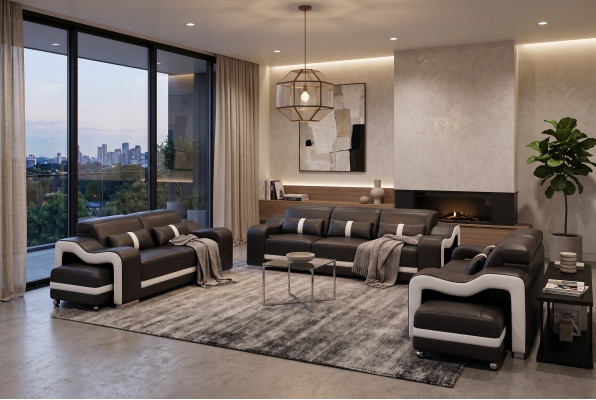 Designer Black Sofa Set 3+2+2 Seater Luxurious Leather Couch Set