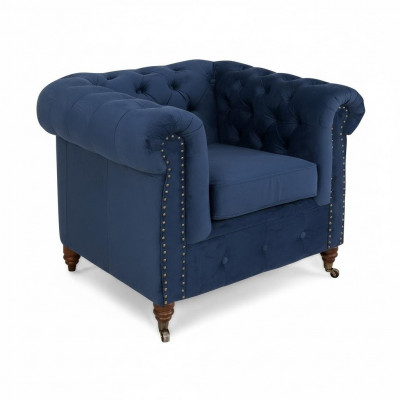 Designer Chair 1 Seater Blue Leather Textile Luxury Club Lounge Sofa Chesterfield