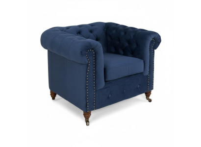 Designer Chair 1 Seater Blue Leather Textile Luxury Club Lounge Sofa Chesterfield