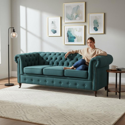 Classic Chesterfield Furniture Three-Seater Couch Textile Sofa Elegant Design