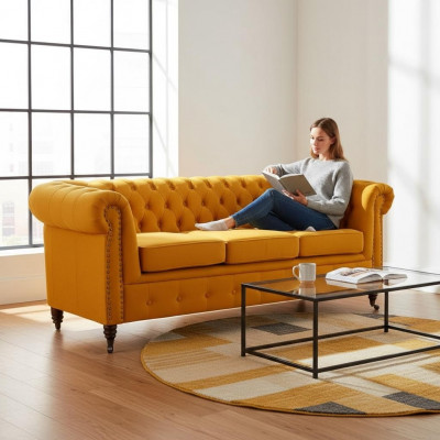 Classic Chesterfield Furniture Three-Seater Couch Textile Sofa Elegant Design Orange