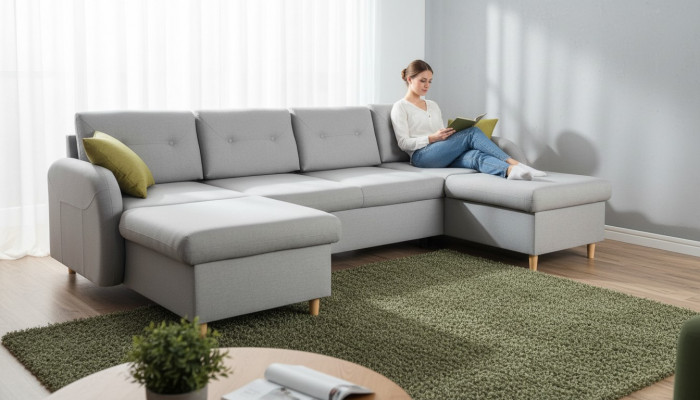 Living area corner sofa fabric U-shape bed function couch design decoration upholstery