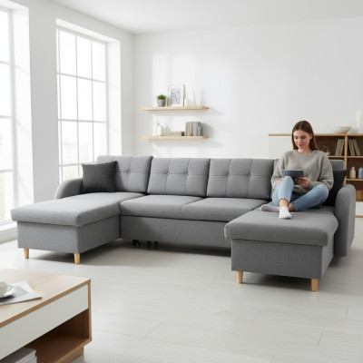 Living room sectional sofa fabric U-shape sleeper function couch decor design upholstery