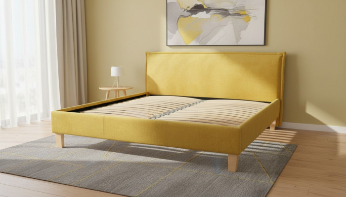Double bed, bed, beds, upholstery, bedroom, box spring, marriage, yellow, textile, fabric