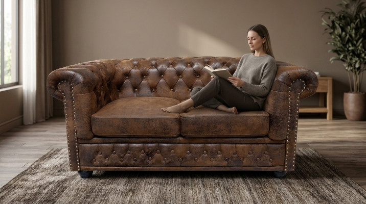 Chesterfield textile couch upholstery 2-seater fabric sofas couches brown two-seater