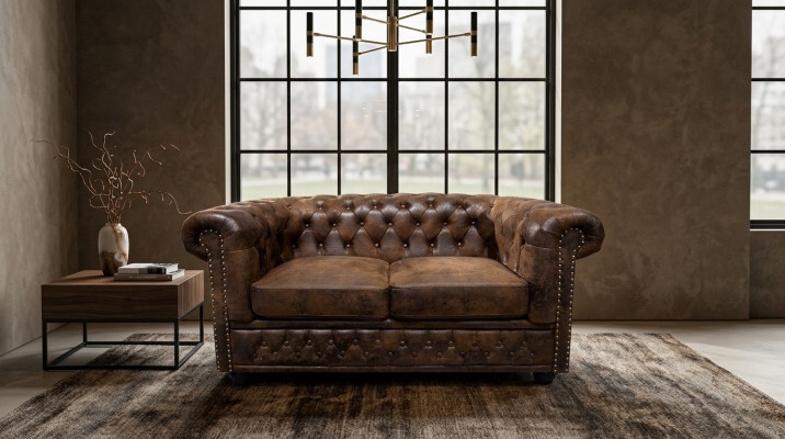 Chesterfield textile couch upholstery 2-seater fabric sofas couches brown two-seater