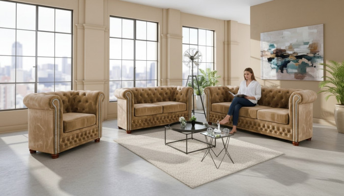 Design Sofa 3 Seater Chesterfield Fabric Couch Upholstery Sofas Textile Couches New