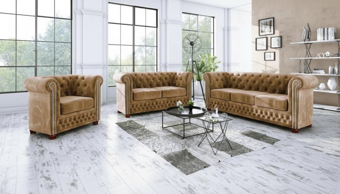 Classic Elegant Chesterfield Furniture Two-Seater Couch Textile Sofa Design Brown