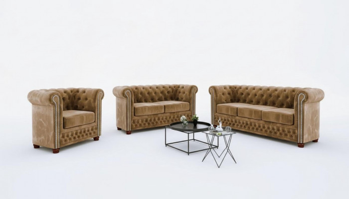 Classic Elegant Chesterfield Furniture Two-Seater Couch Textile Sofa Design Brown