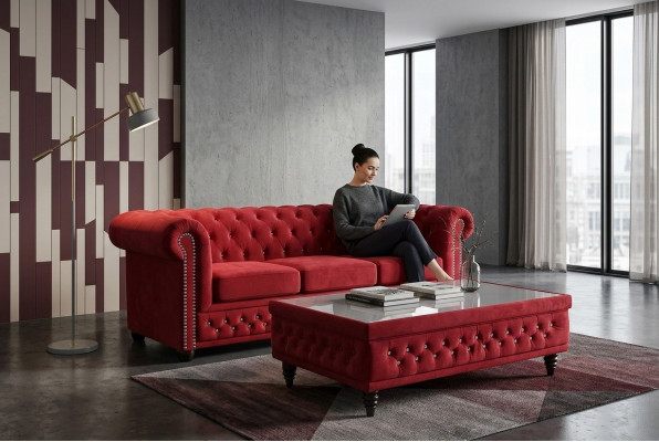 Chesterfield Textile Couch Upholstery 2-Seater Fabric Sofas Loveseats Two-Seater Red