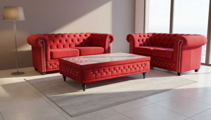 Chesterfield Textile Couch Upholstery 2-Seater Fabric Sofas Loveseats Two-Seater Red