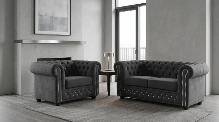 Chesterfield Textile Couch Upholstered 2-Seater Fabric Sofas Couches Loveseat Black