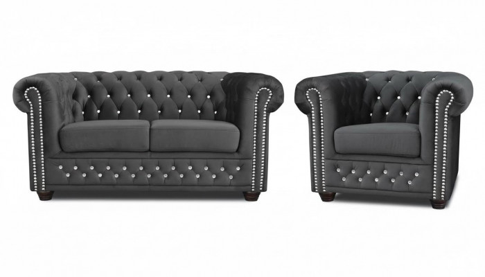 Chesterfield Textile Couch Upholstered 2-Seater Fabric Sofas Couches Loveseat Black