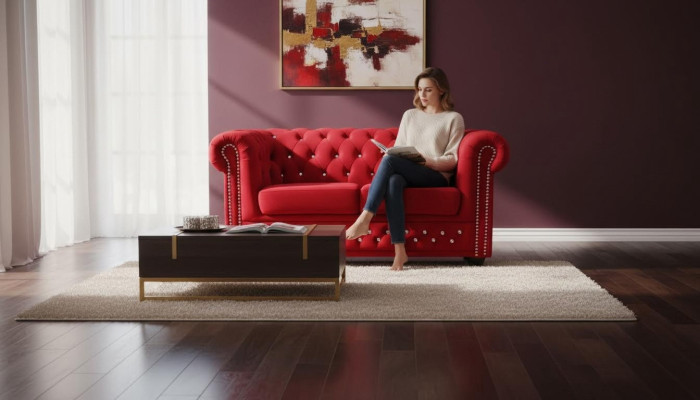 Chesterfield Textile Couch Upholstered 2-Seater Fabric Sofas Couches Red Two-Seater