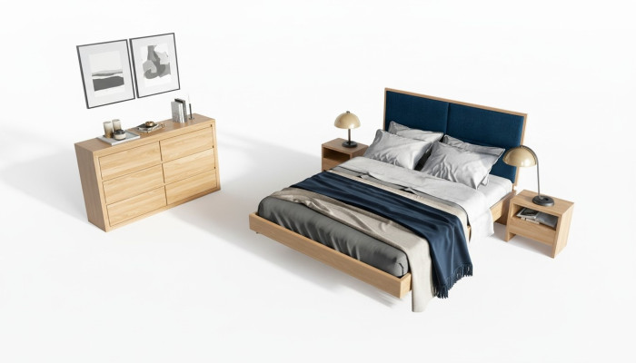 Bedroom furniture 3-piece set, solid wood bed, 2x bedside tables, real wood beds.