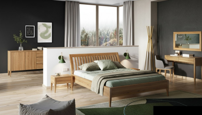 Bed Bedroom Double Beds 3-piece Set 2x Nightstands Solid Wood Real Wood