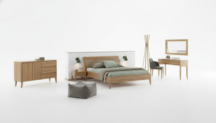 Bed Bedroom Double Beds 3-piece Set 2x Nightstands Solid Wood Real Wood
