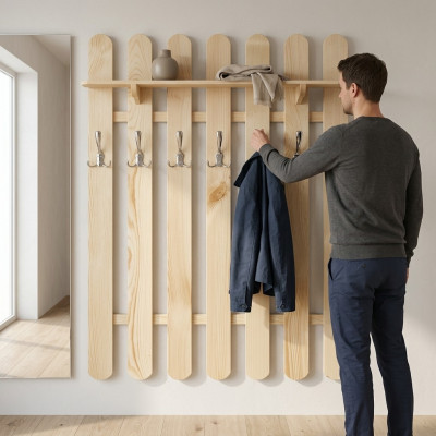 Wardrobe cabinet with 7 hooks, wooden wall panel corridor.