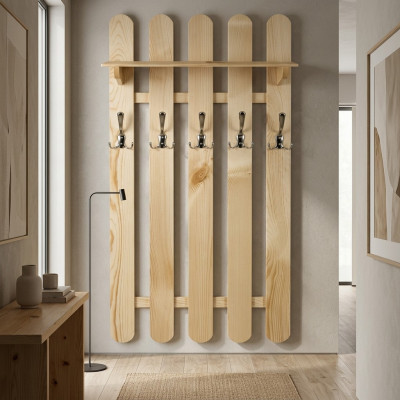 Wardrobe cabinet with 7 hooks, wooden wall panel corridor.