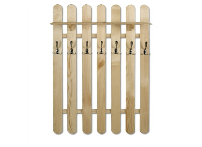 Wardrobe cabinet with 7 hooks, wooden wall panel corridor.