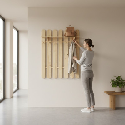 Wardrobe wall coat rack made of solid pine wood wardrobe with 7 hooks